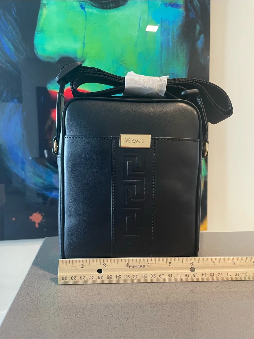 Versace Black Leather Messenger Crossbody with Gold Plaque
